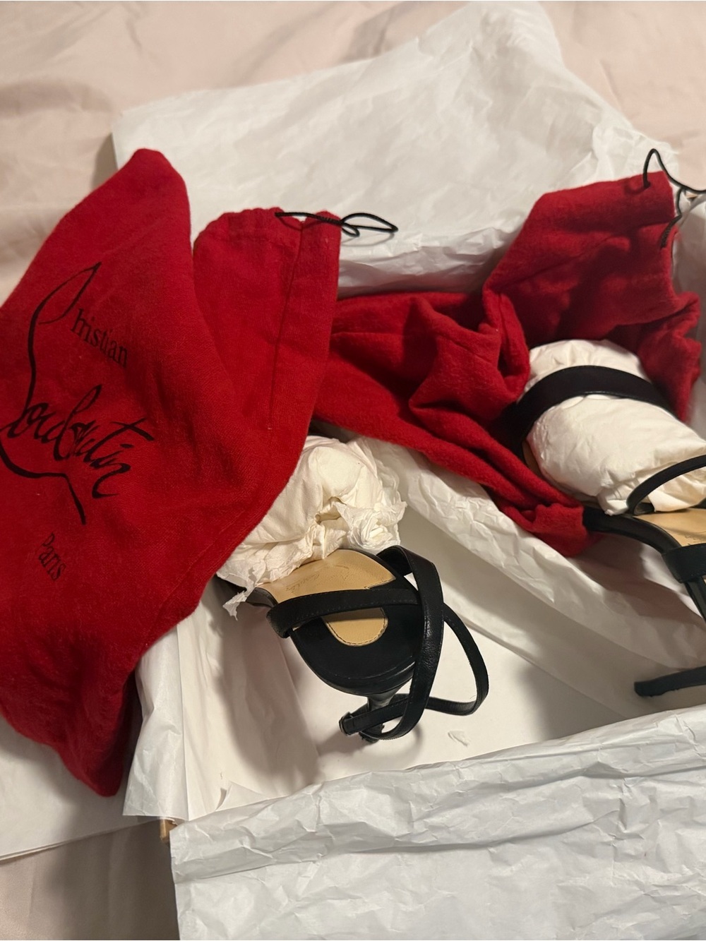 Christian Louboutin Black Strappy Heels with Red Dust Bags